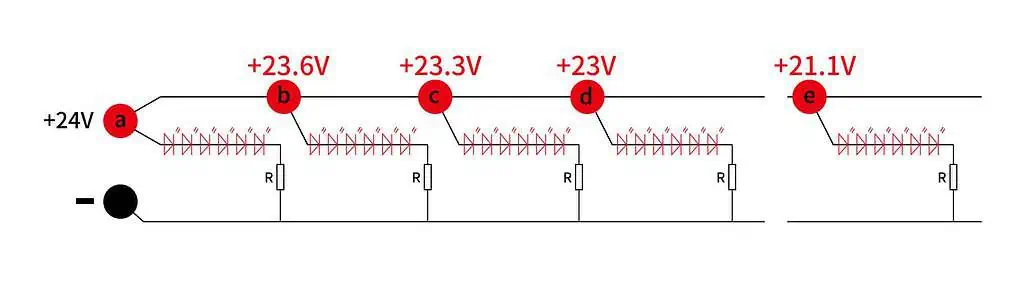 Pastāvīga sprieguma LED lentes shematiskā diagramma