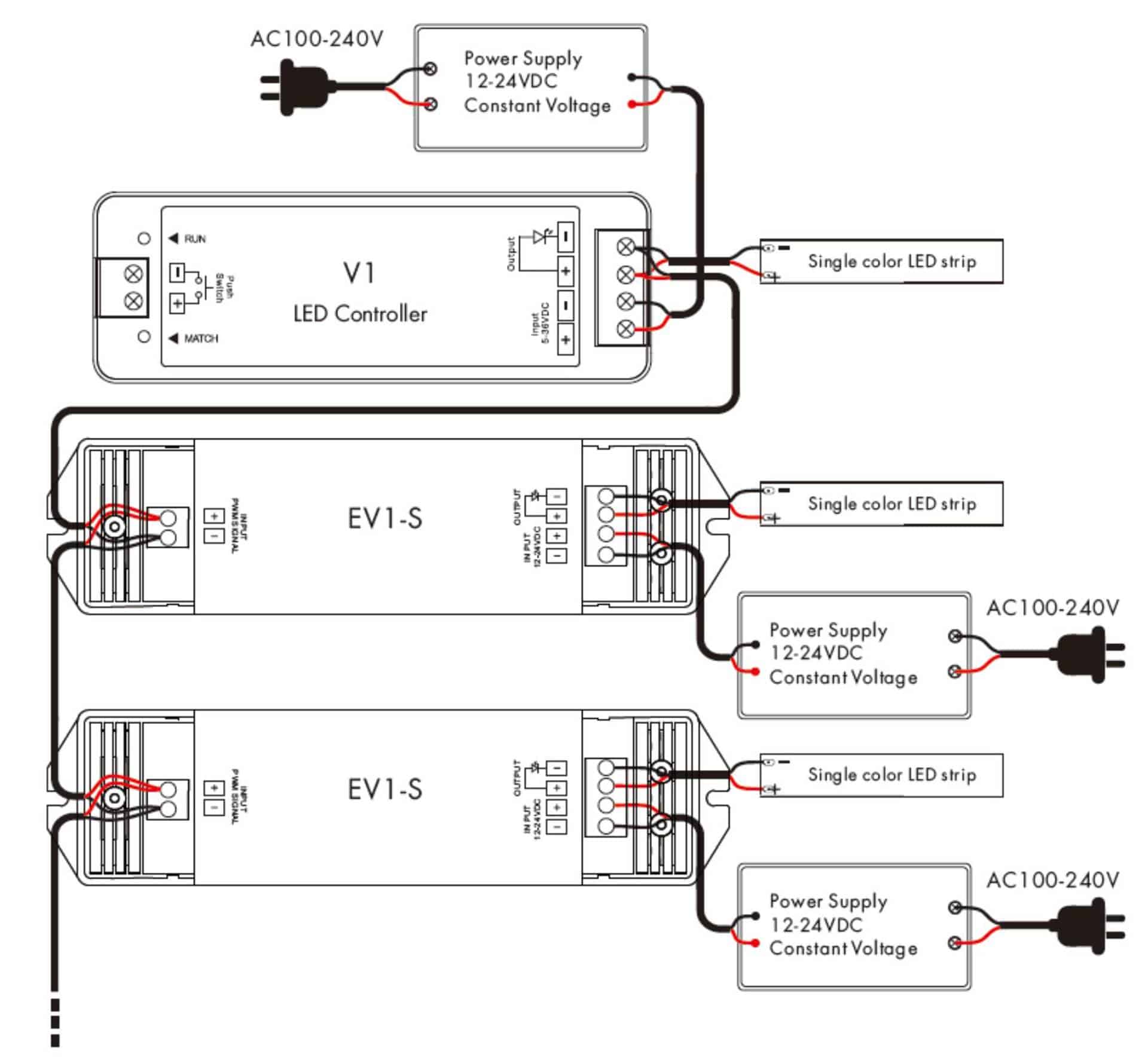 enkelt farve led strip controller tilslutningsdiagram med forstærker