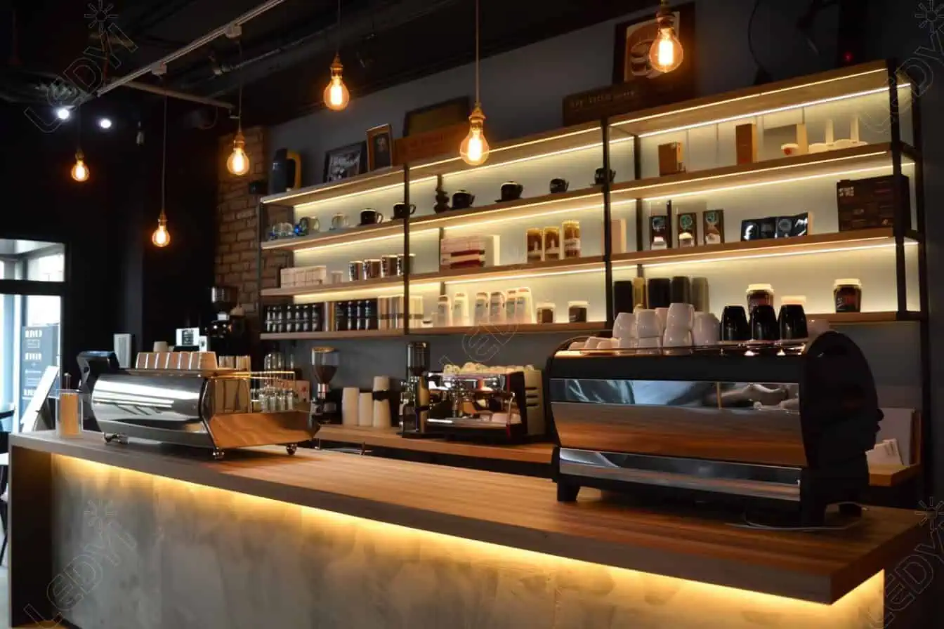 Modern coffee shop interior with shelves and espresso machines.