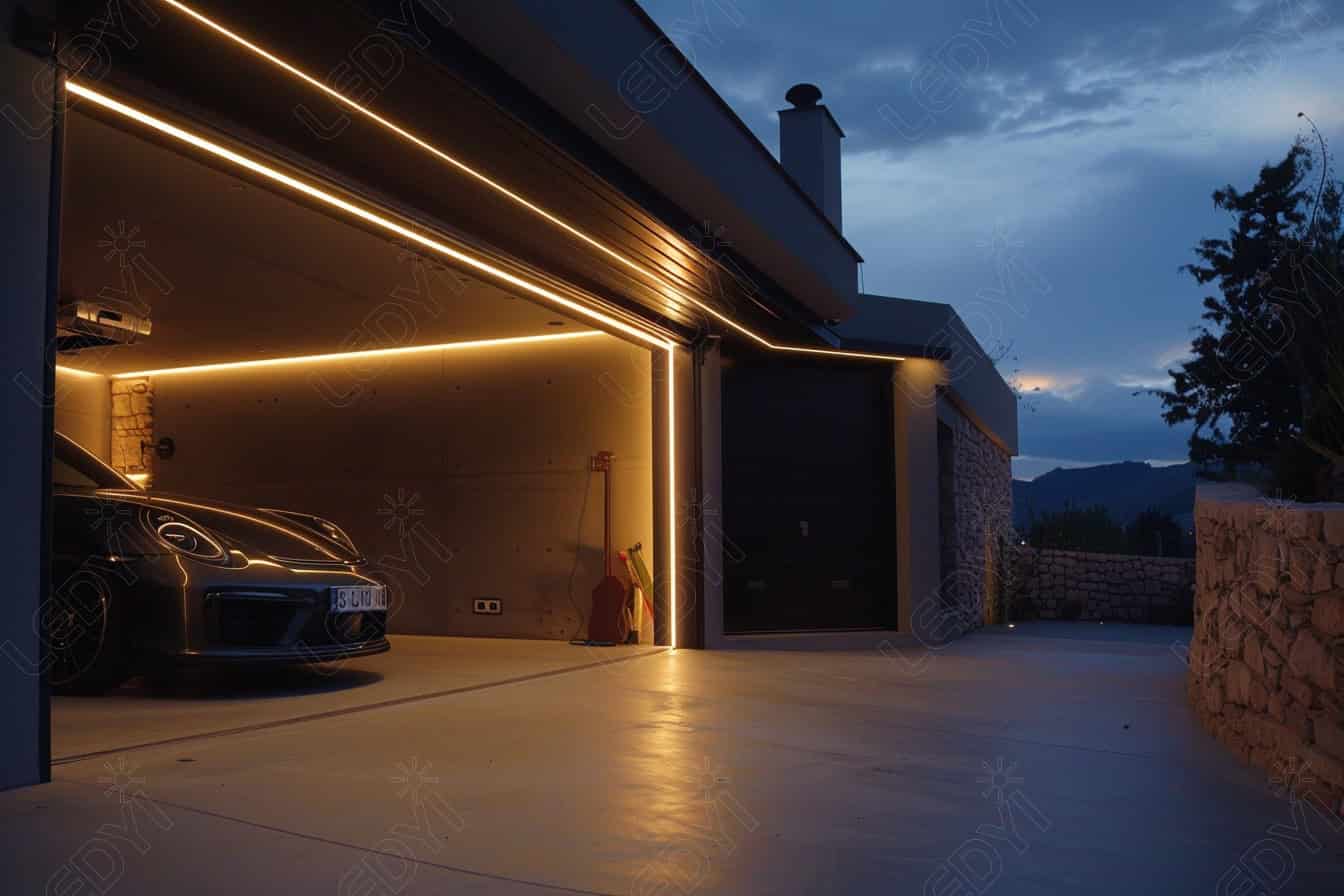 Garagem moderna com iluminação LED ao entardecer.