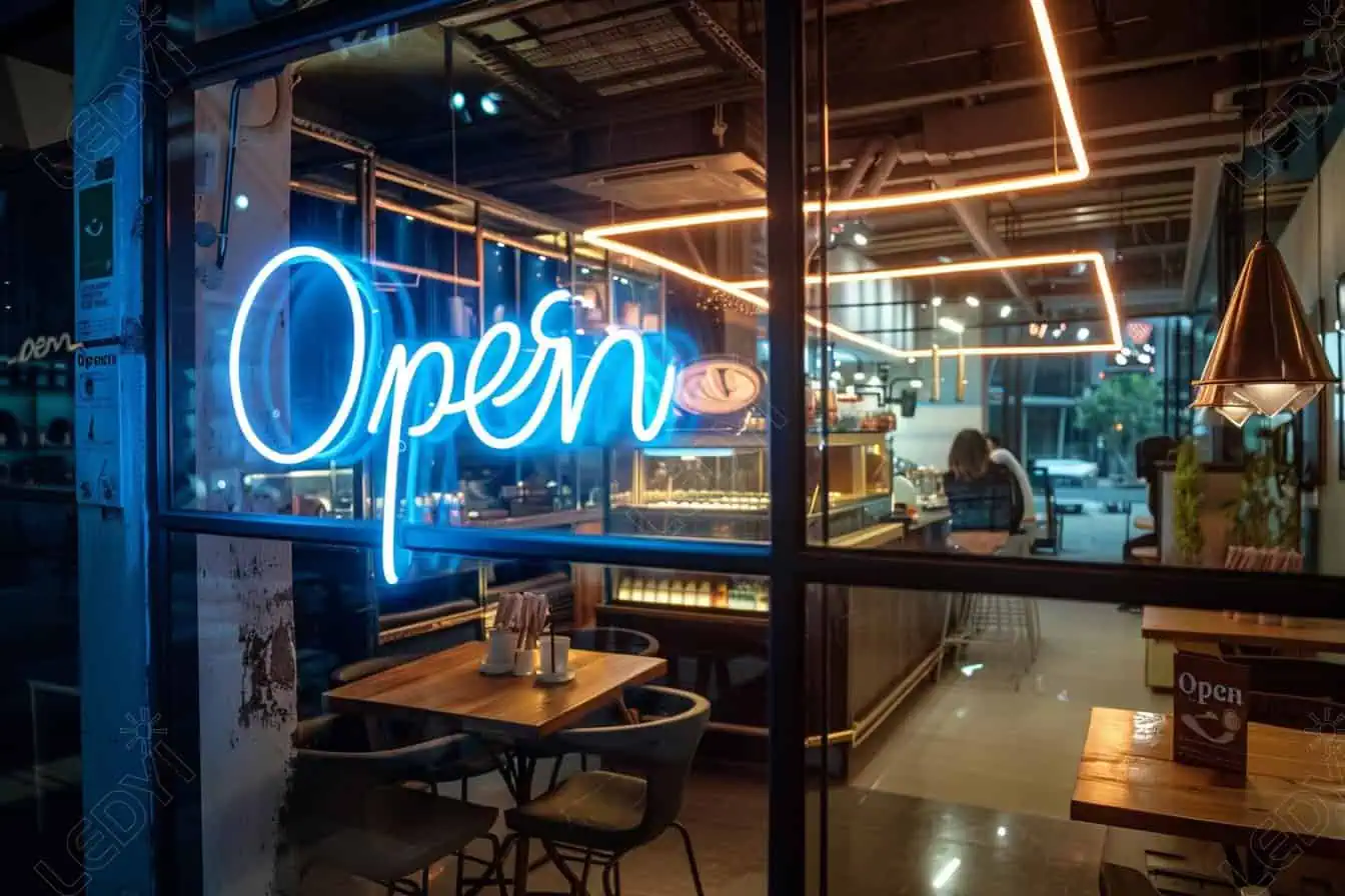 Cozy café interior with blue neon "Open" sign.