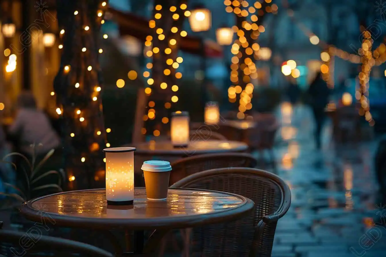 Nighttime outdoor cafe with string lights and lanterns.