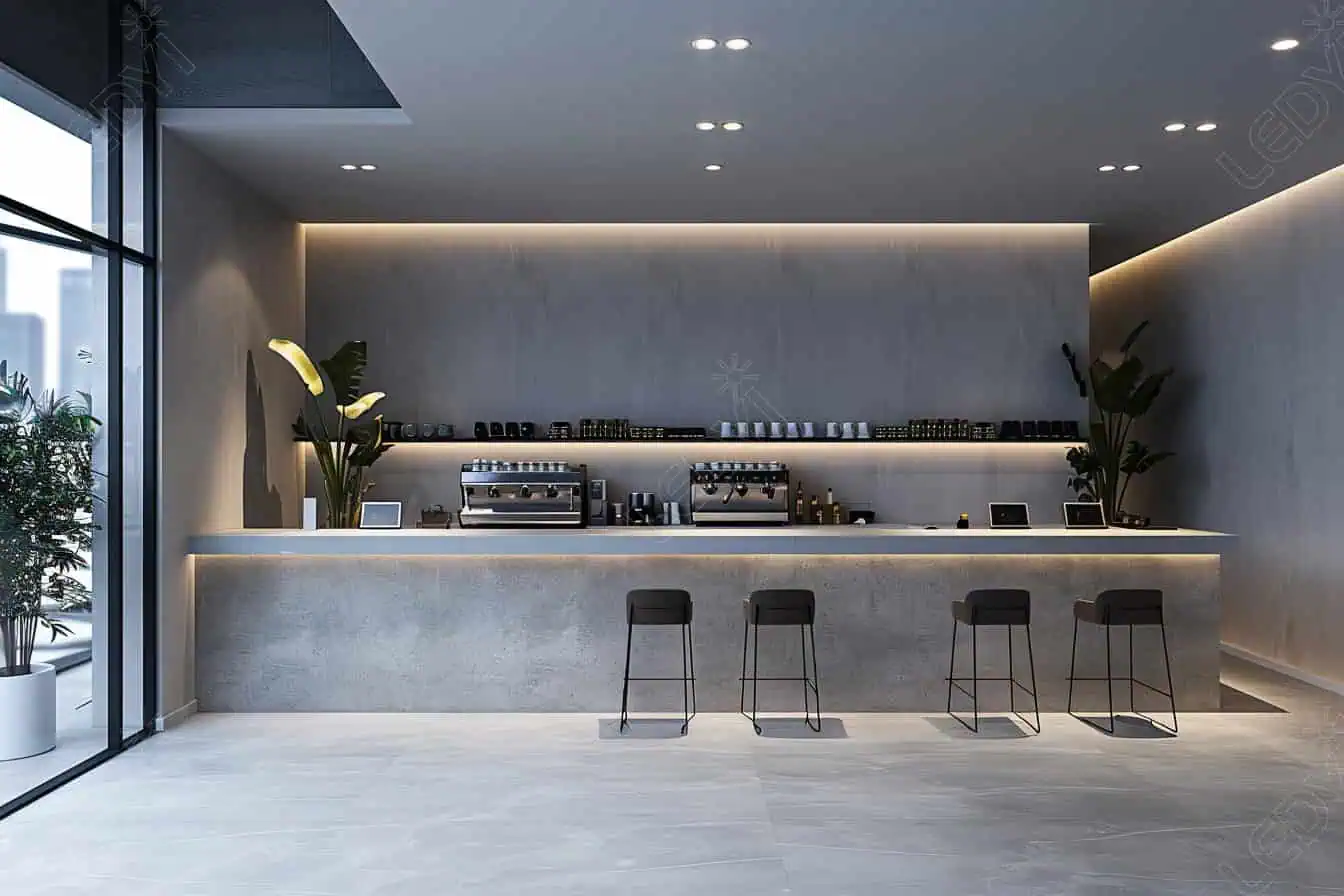 Modern minimalist coffee shop interior with sleek design.