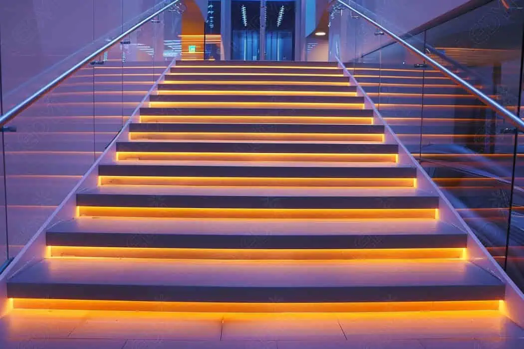 Escadaria moderna com luzes LED laranja.