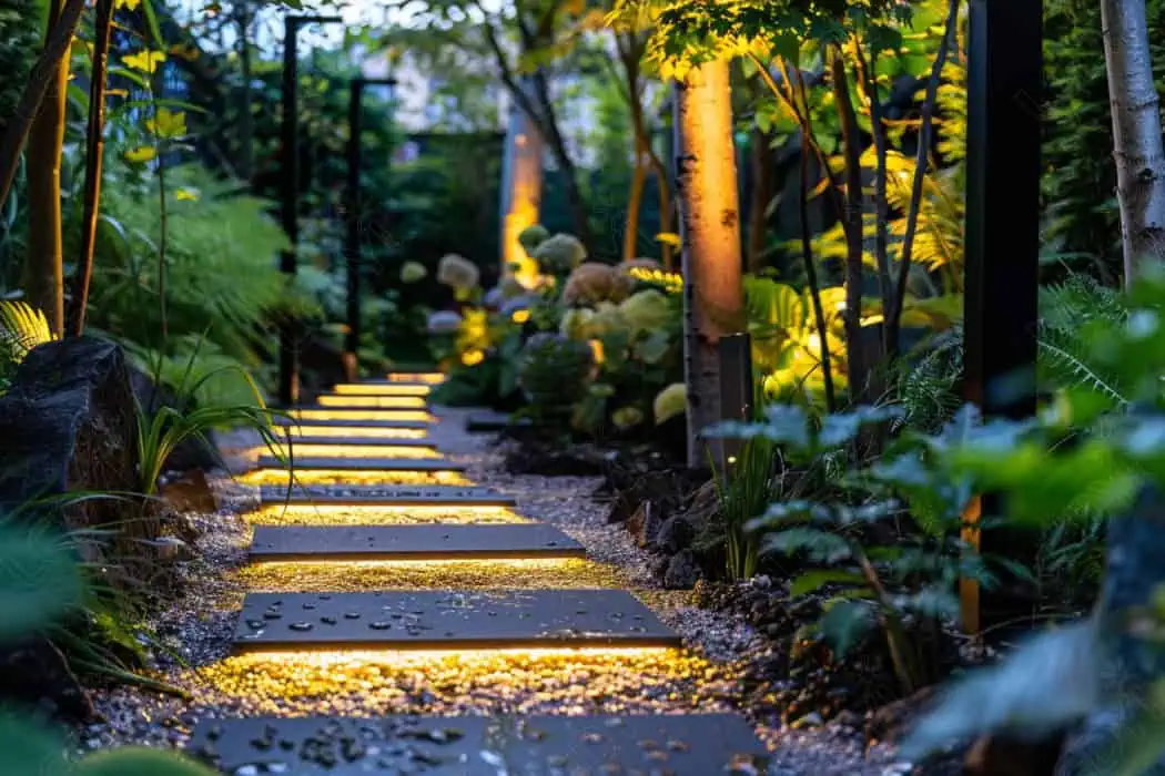 Caminho de jardim iluminado com trampolins no crepúsculo.