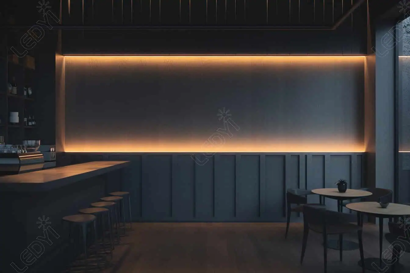 Modern cafe with minimalistic decor and warm lighting.