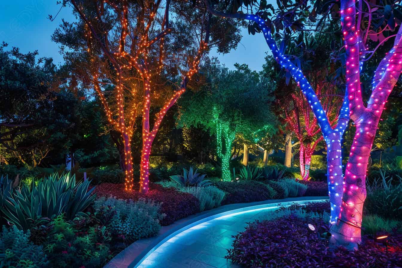 Luzes coloridas enroladas em árvores em um jardim.