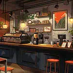 Cozy coffee shop interior with plants and warm lighting.