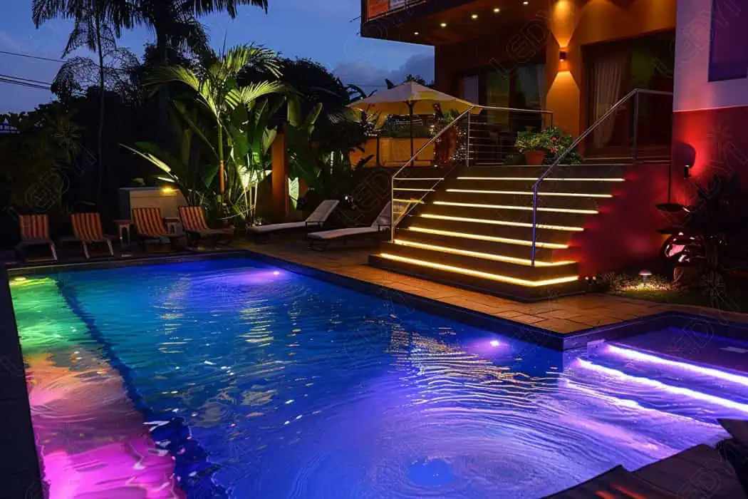 Área da piscina colorida iluminada por LED à noite.