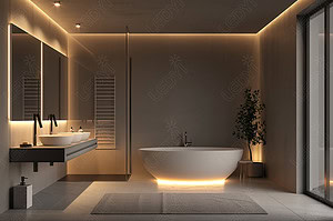 Modern minimalist bathroom with illuminated bathtub.