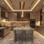 Modern luxury kitchen with marble finishes and island.
