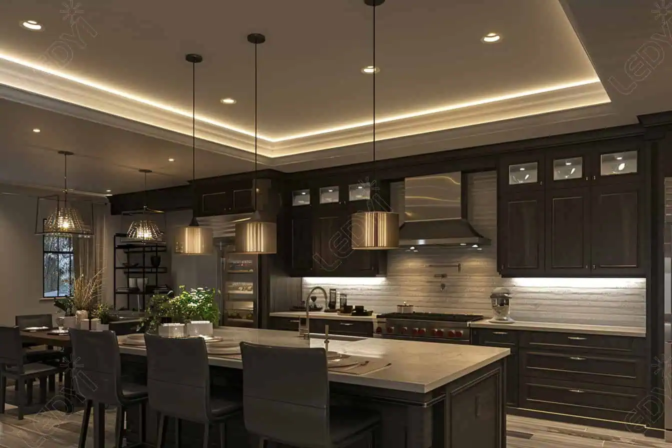 Modern kitchen with dark cabinets and island lighting