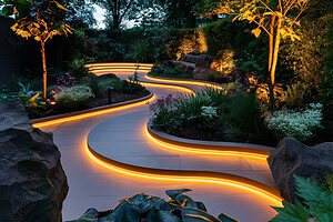 Illuminated winding garden path with plants at dusk.
