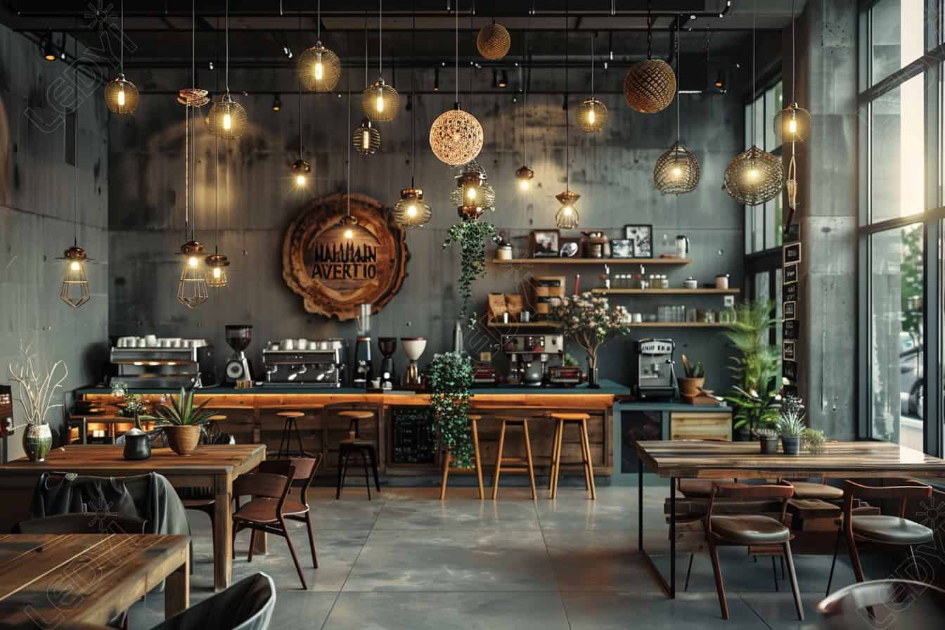 Cozy coffee shop interior with modern decor and lighting.