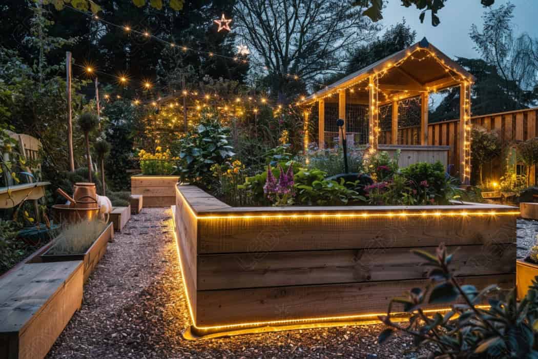 Jardim aconchegante no quintal com luzes de corda ao entardecer.