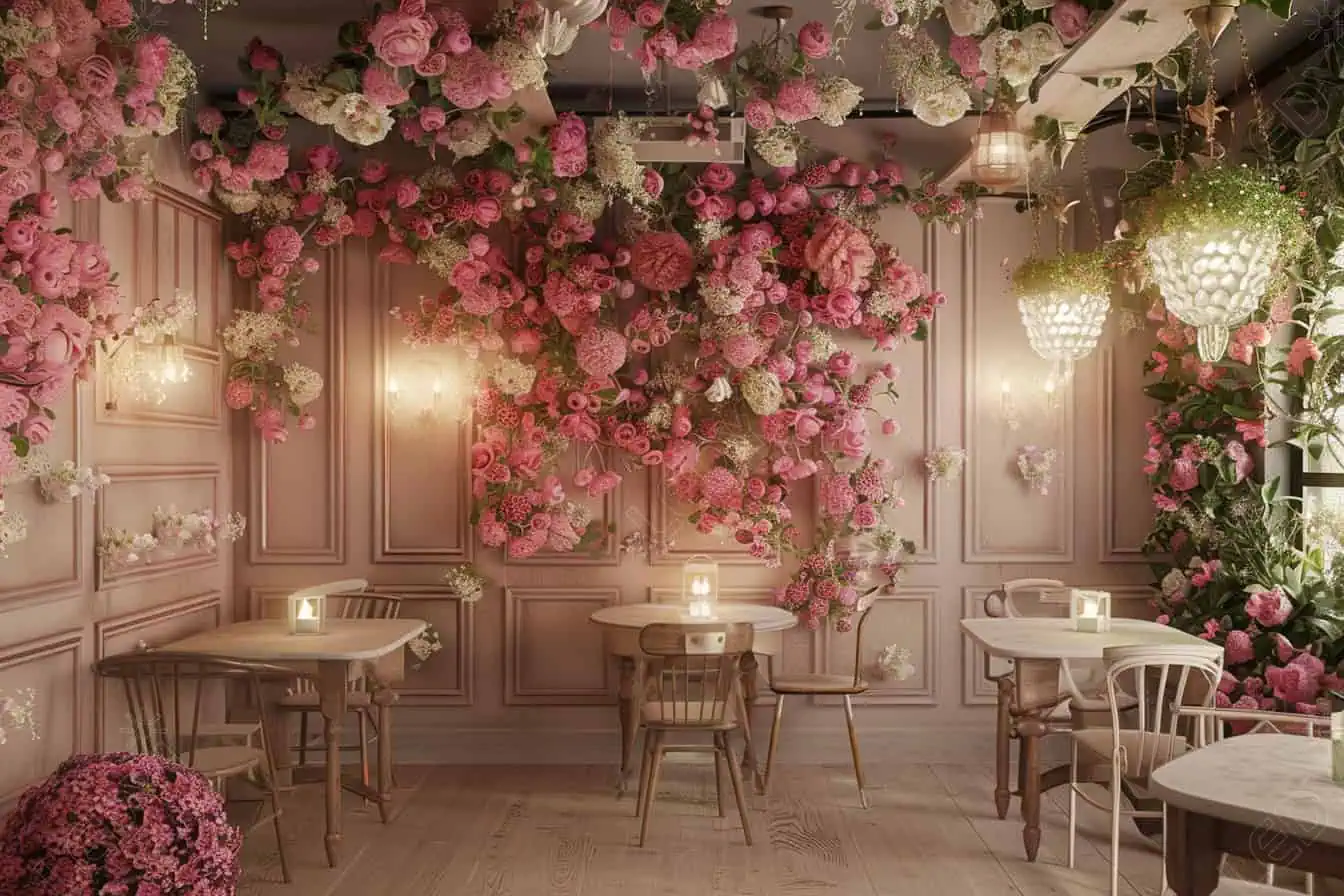 Elegant café interior with pink floral decorations and candles.