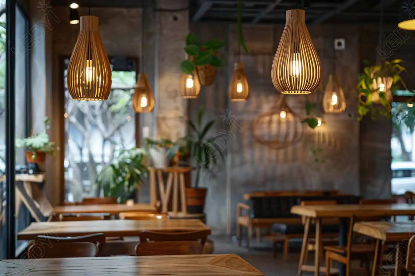Cozy café interior with wooden tables and hanging lights.