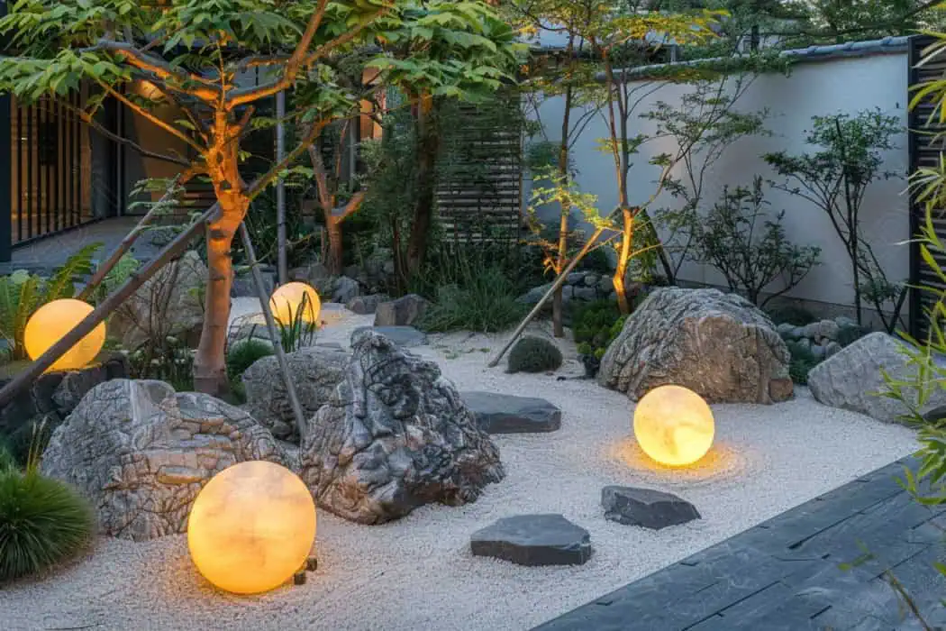 Jardim Zen com luzes esféricas iluminadas ao entardecer.