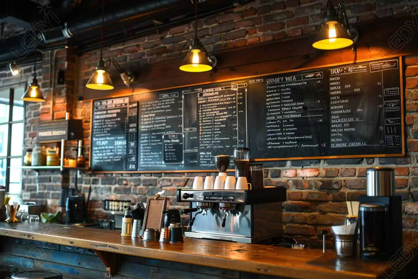 Cozy coffee shop with menu boards and barista station.