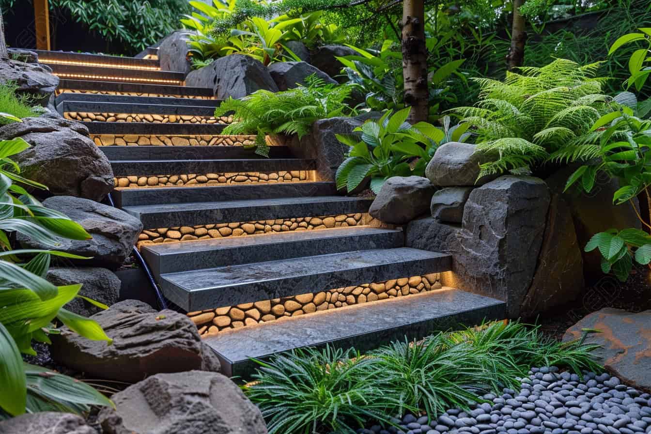 Degraus de pedra iluminados no jardim cercados por uma vegetação luxuriante.