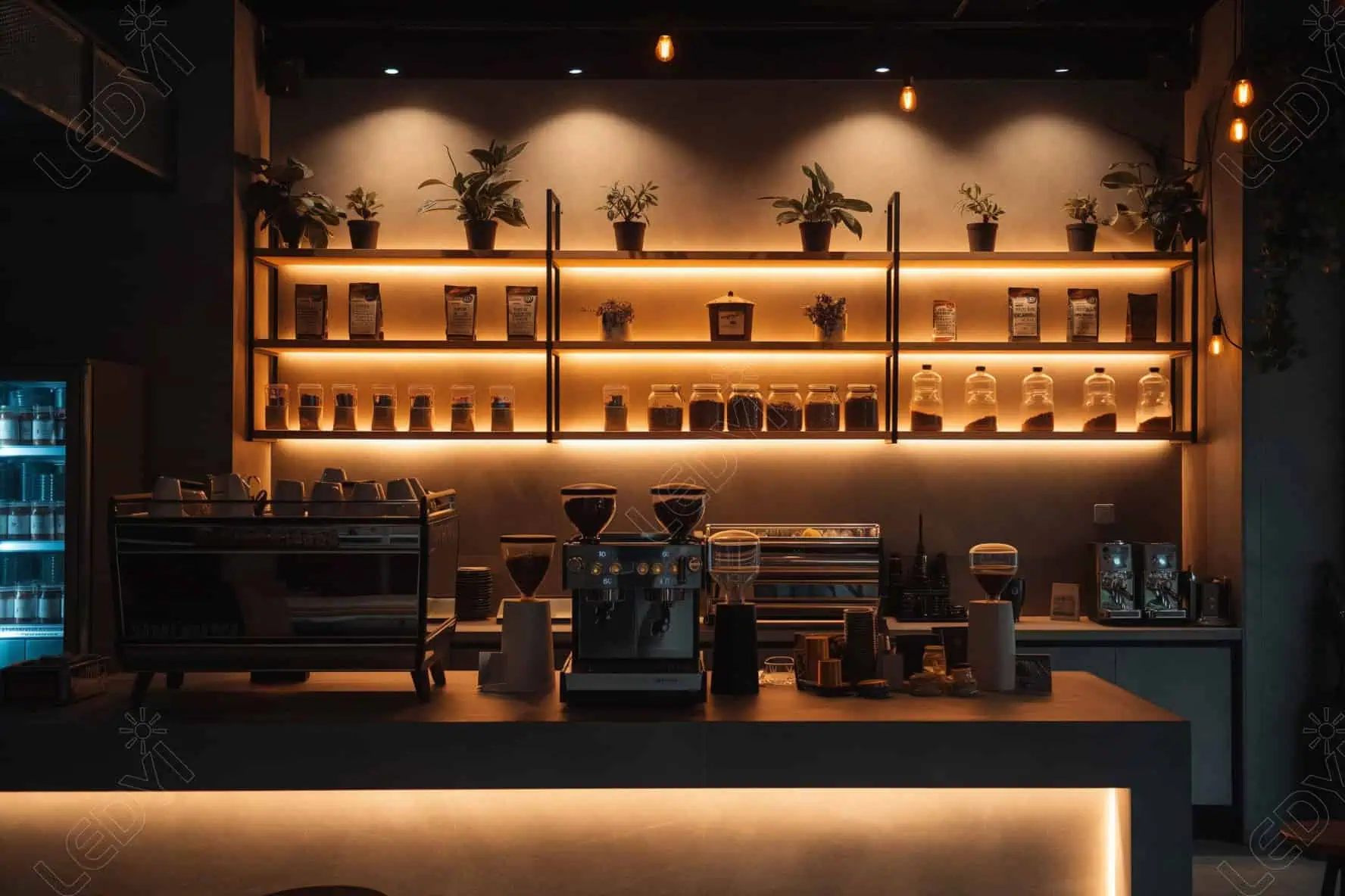 Modern coffee shop with warm lighting and plants.