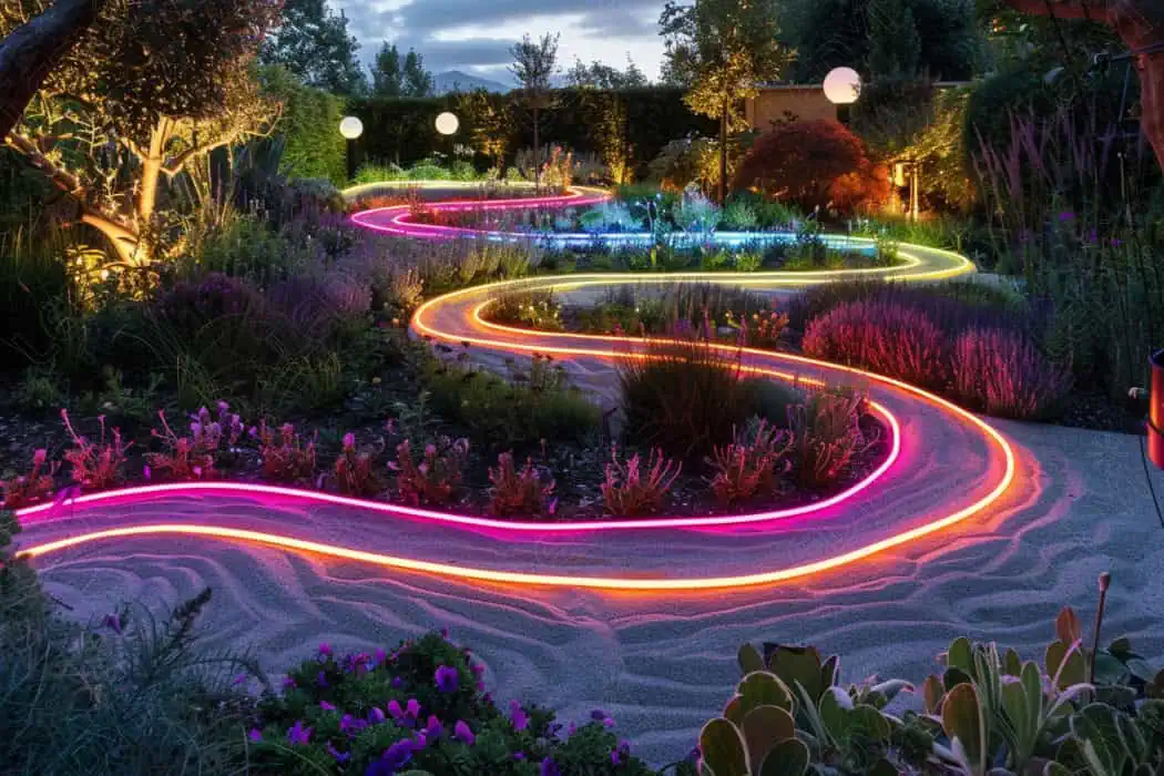 Luzes coloridas de LED no jardim panorâmico à noite.
