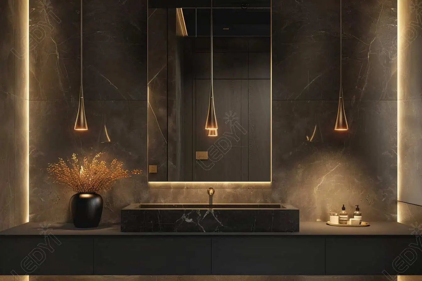Modern bathroom with elegant lighting and dark marble finishes.
