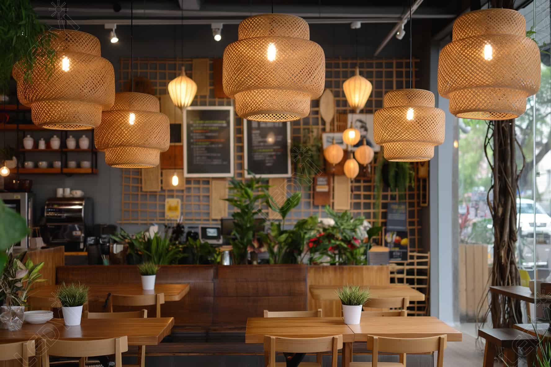 Cozy café with wicker light fixtures and wooden decor.
