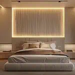 Modern bedroom with ambient lighting and cozy bed.