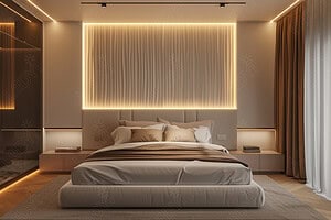 Modern bedroom with ambient lighting and cozy bed.