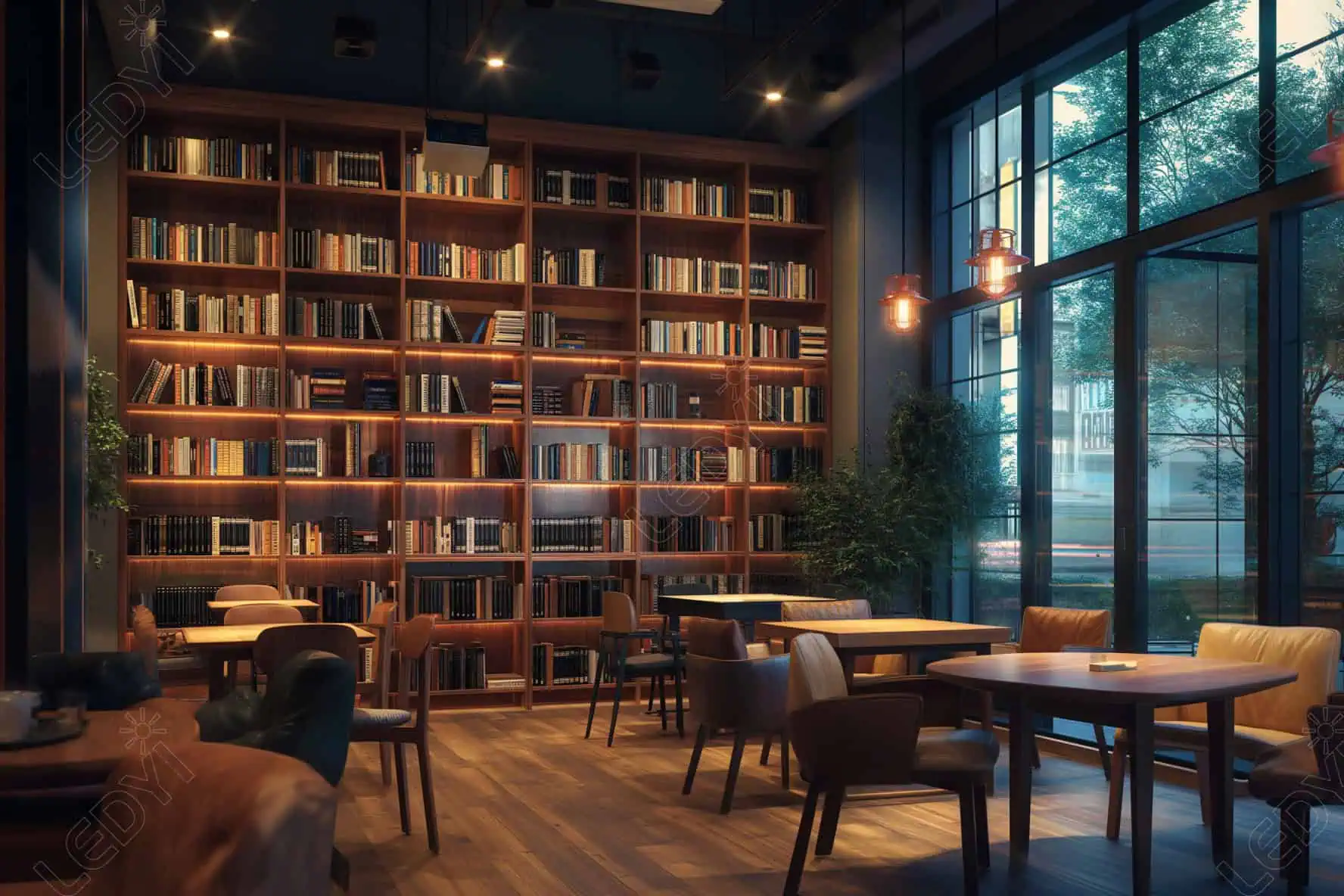 Cozy library with wooden bookshelves and seating.