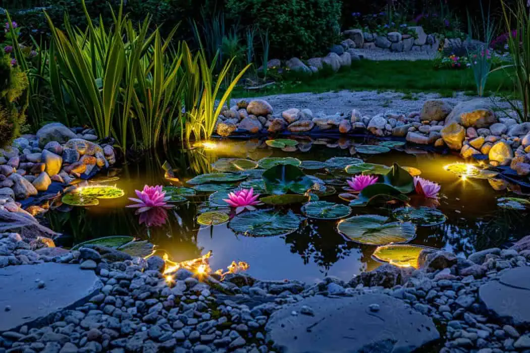 Lagoa de jardim iluminada com nenúfares à noite.