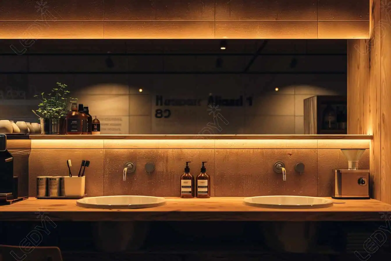 Modern bathroom with double sinks and wooden accents.
