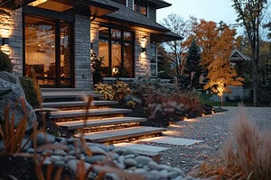 Modern home with illuminated garden pathways at dusk.