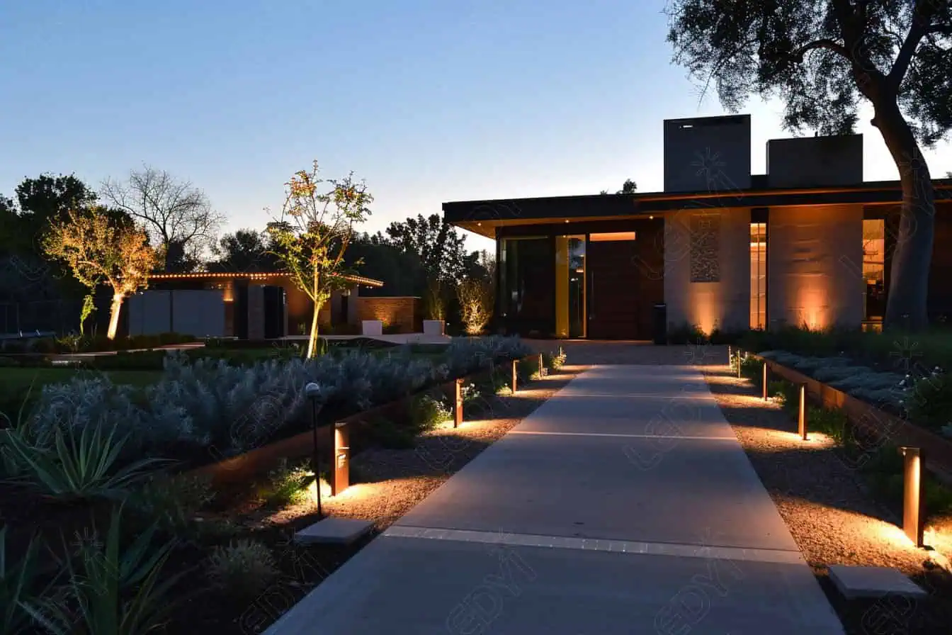 Casa moderna com iluminação exterior do jardim ao entardecer.