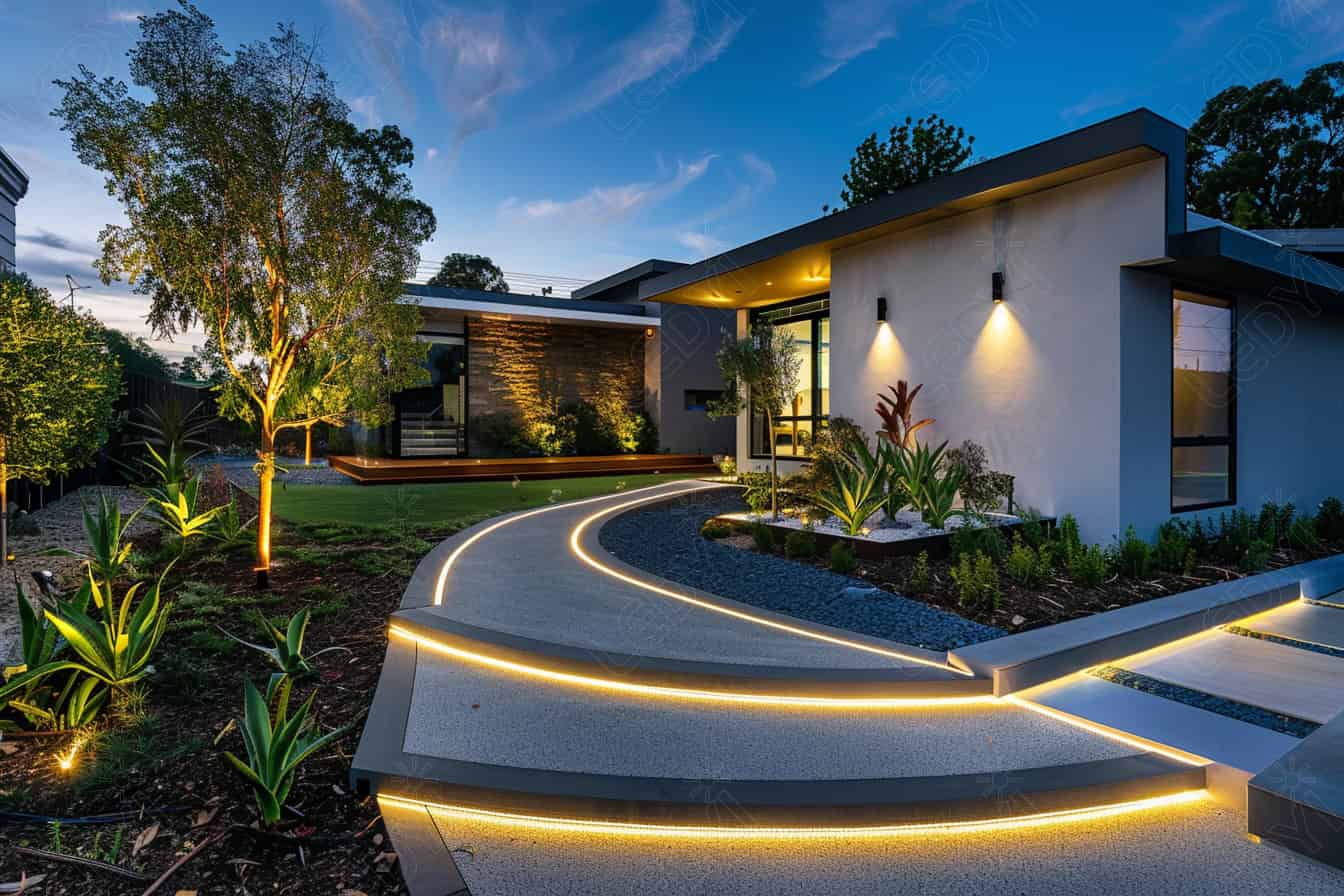 Casa moderna com caminho iluminado ao entardecer.