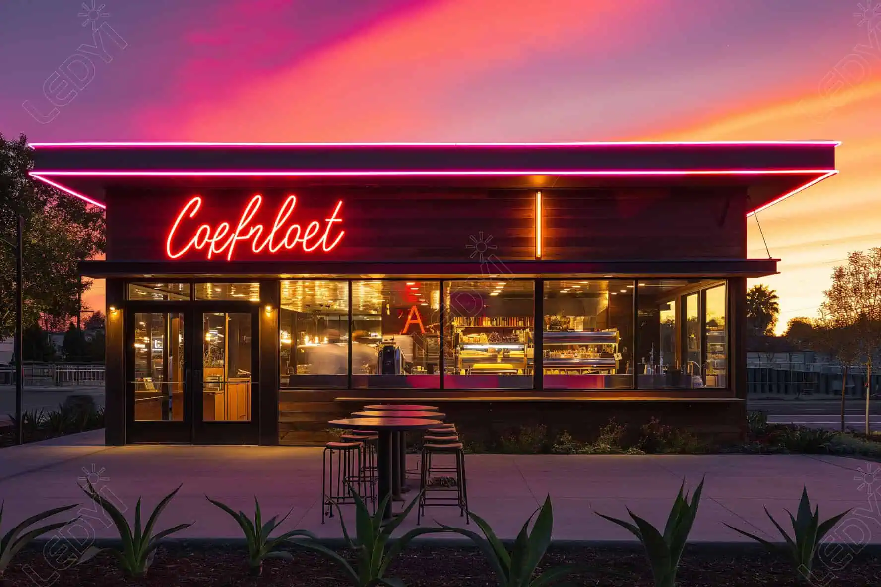 Neon-lit restaurant with outdoor seating at sunset.