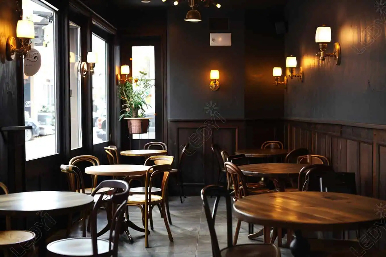Cozy cafe interior with wooden tables and chairs.