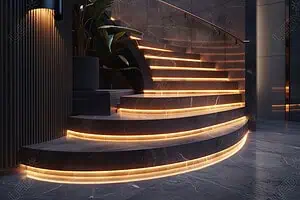 Illuminated modern staircase with LED strip lighting.
