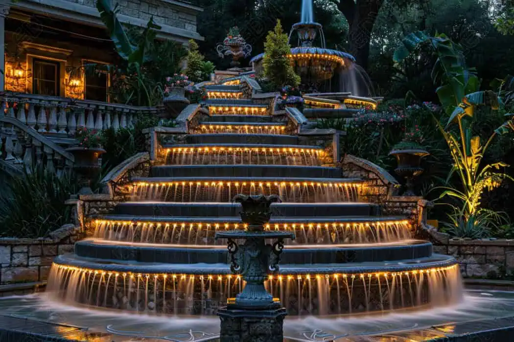 Fonte de jardim iluminada com cascata de água à noite.