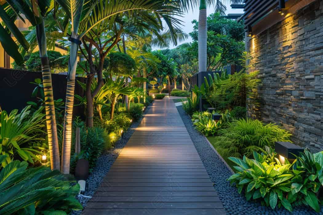 Caminho iluminado em exuberante jardim com passarela de madeira.
