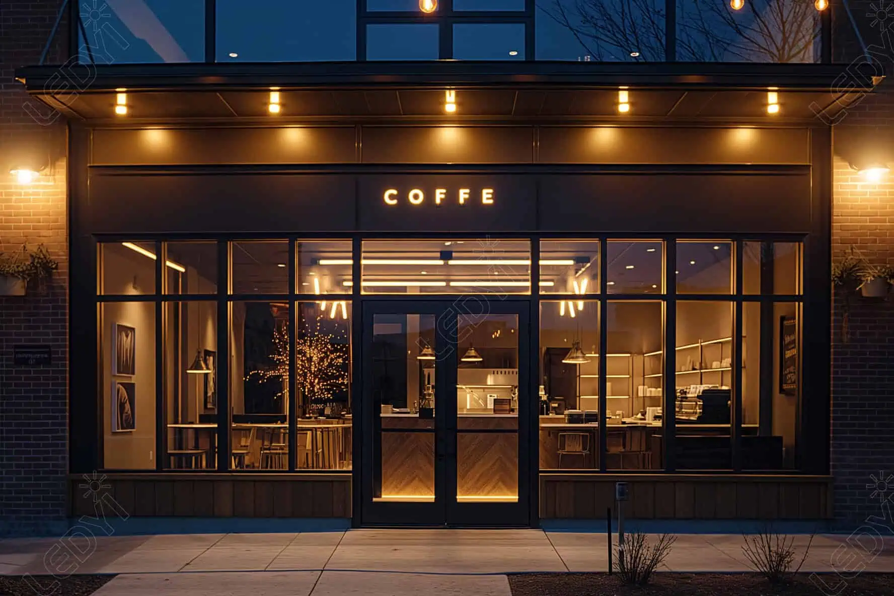 Modern coffee shop exterior illuminated at night.