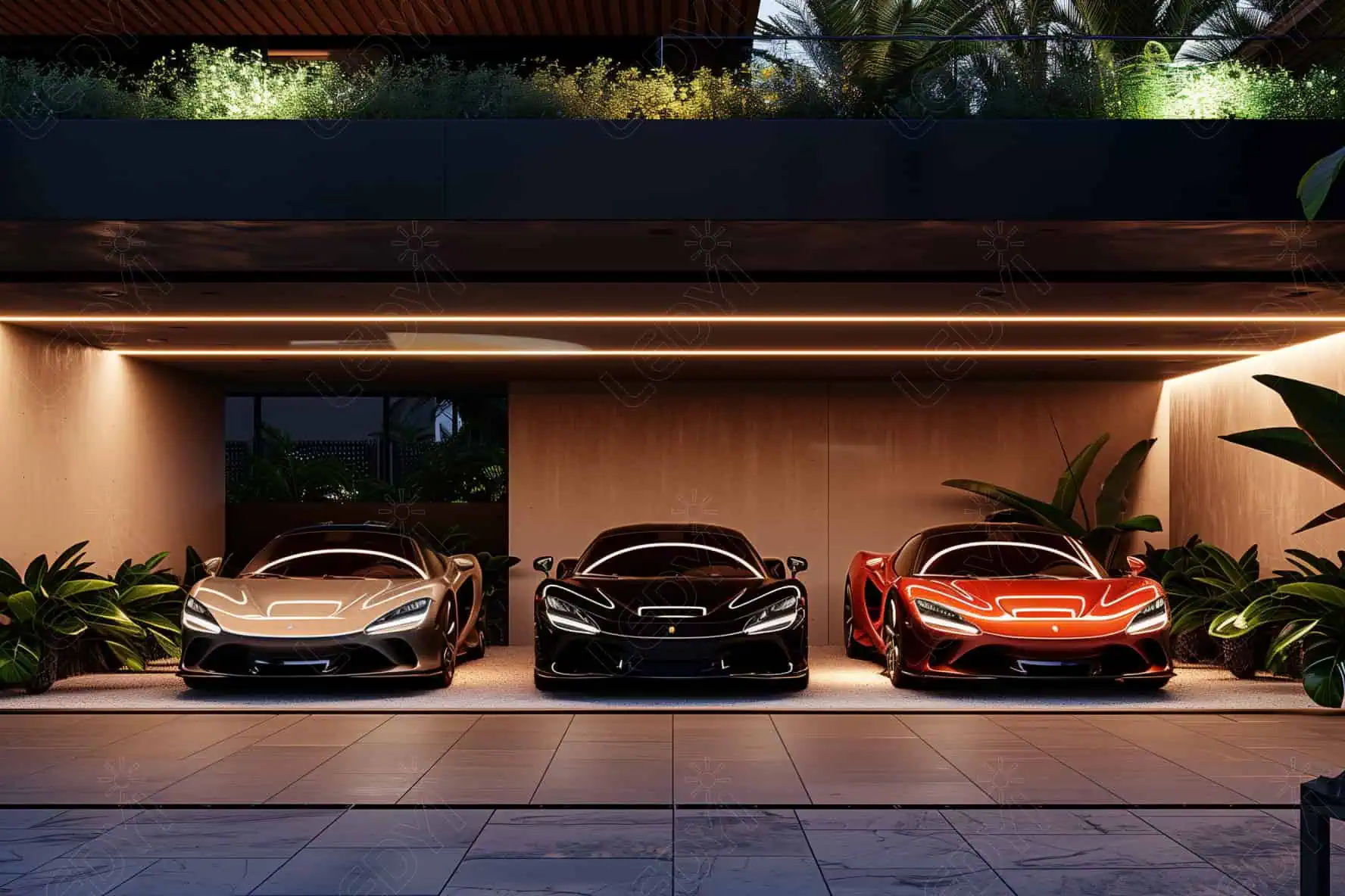 Três carros luxuosos estacionados numa garagem moderna.