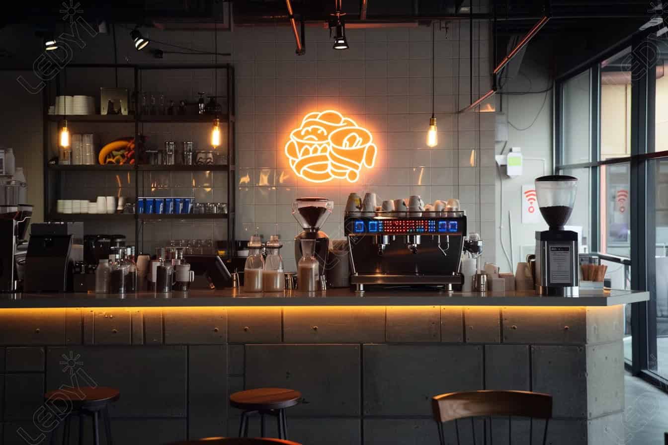 Cozy coffee shop interior with neon sign and espresso machine.