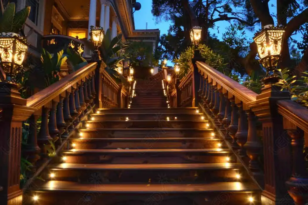 Grande escadaria de madeira com iluminação ambiente por lanterna ao entardecer.