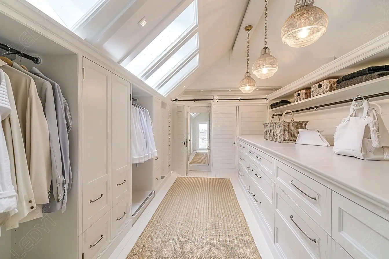 Spacious walk-in closet with skylights and organized storage.
