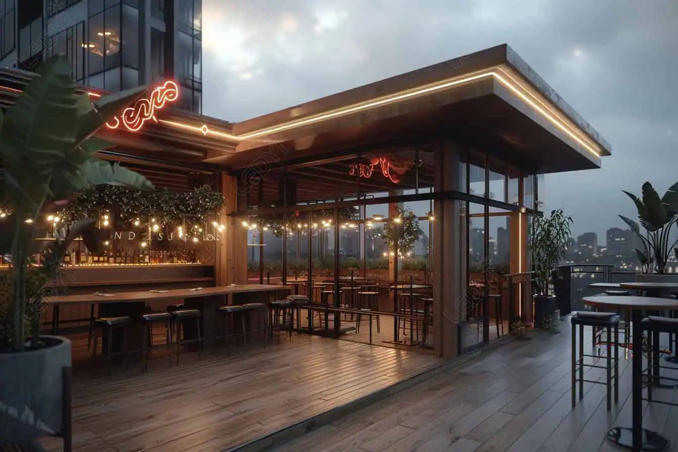 Bar na cobertura com vista para a cidade e design moderno.