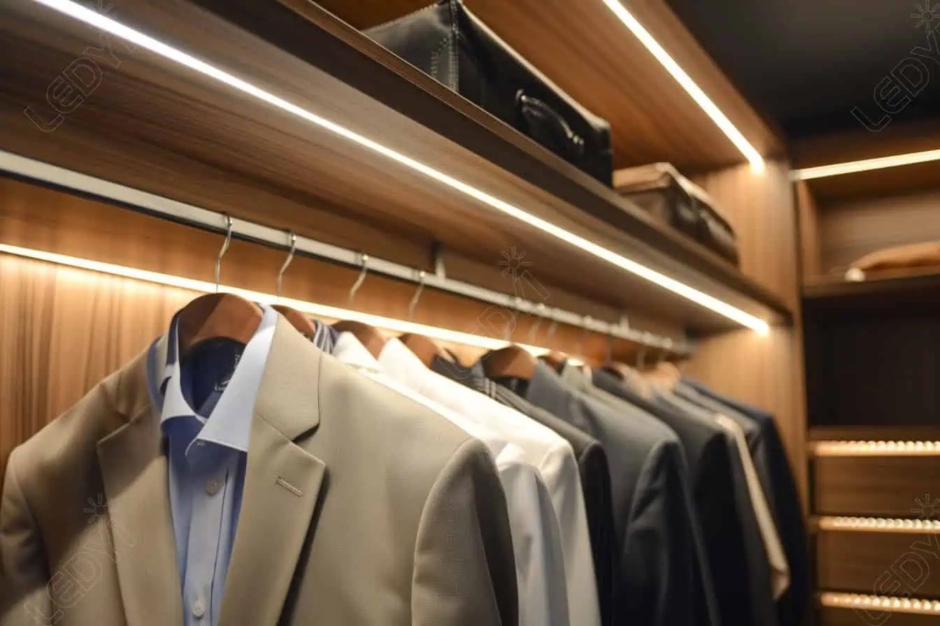 Neatly arranged suits in wooden wardrobe with LED lighting.
