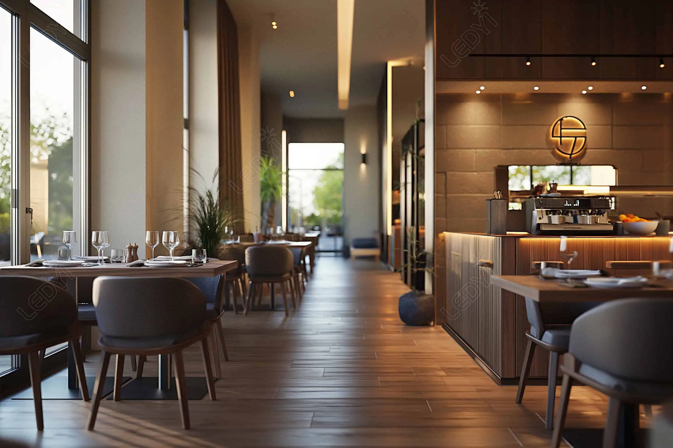 Área de jantar moderna do restaurante com grandes janelas.