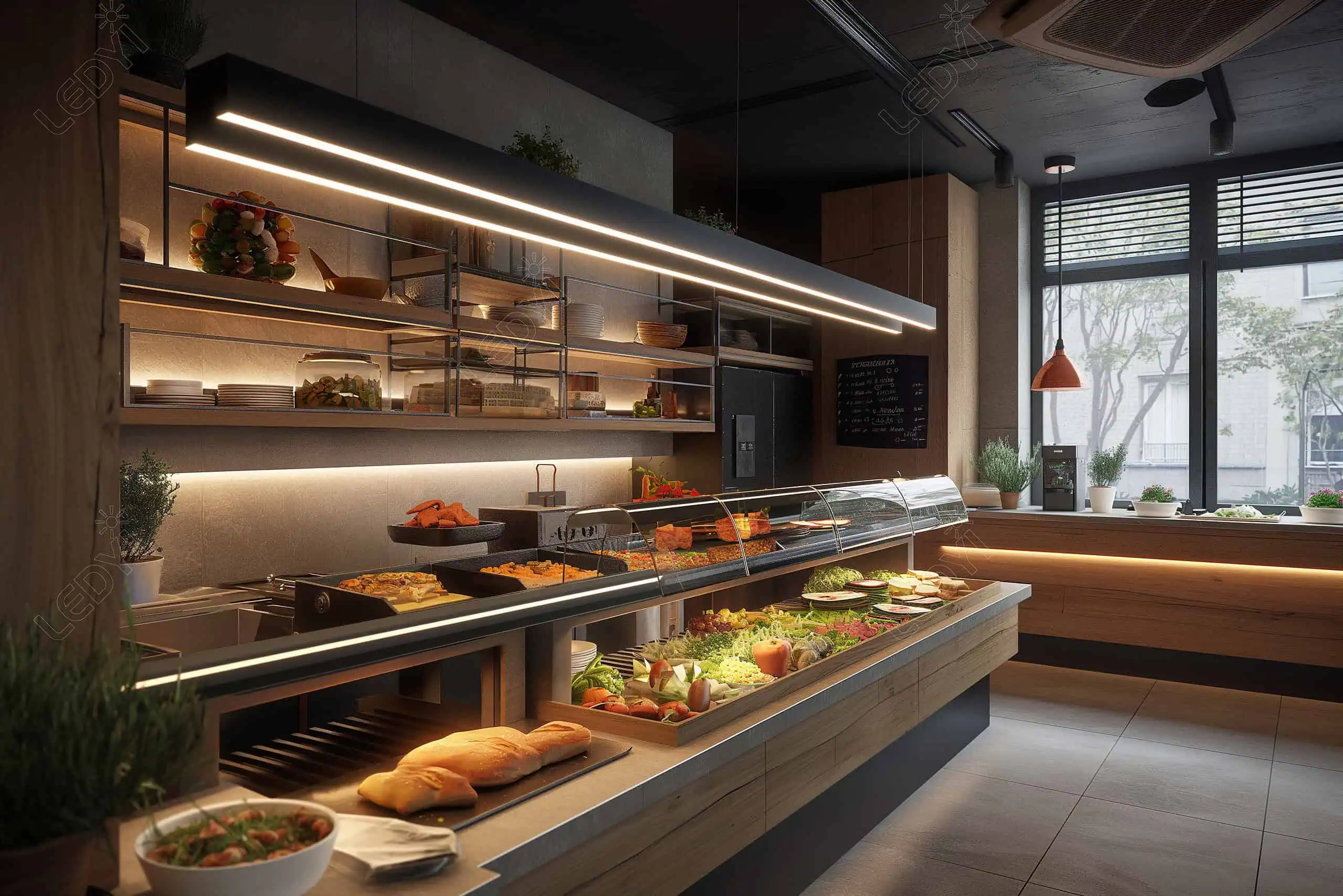 Restaurante buffet moderno com diversas opções de comida à mostra.